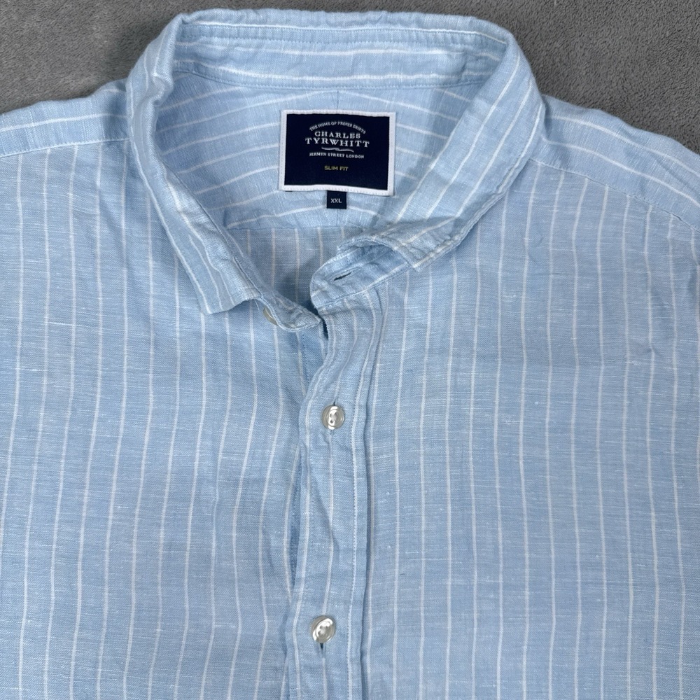 Charles Tyrwhitt Shirt Mens XXXL Blue/White Stripes 100% Linen Classic Fit 3XL